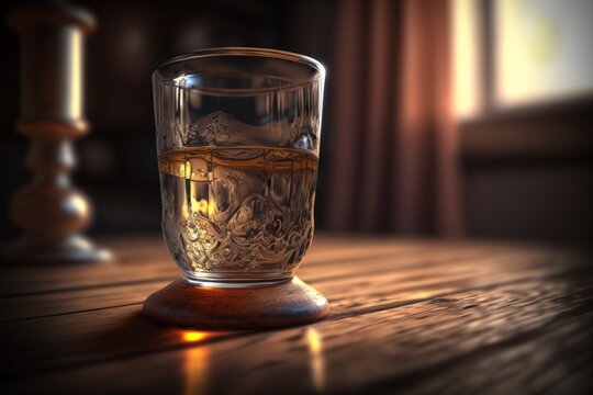 Water glass on a wooden table. The beaker was filled with water. selective attention. narrow DOF the use of lighting effects. Generative AI