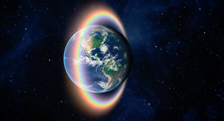 Fototapeta na wymiar Rainbow surrounds the Planet Earth 