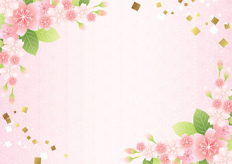 Fototapeta na wymiar 対角葉桜に麻の葉模様地の和背景ピンク