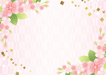 Fototapeta premium 対角葉桜に矢がすり地の和背景ピンクヨコ