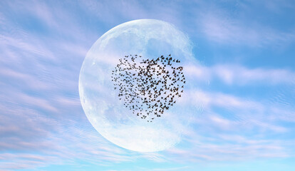 Silhouette of birds in shape of heart  flying in the sunset sky, full moon in the background 