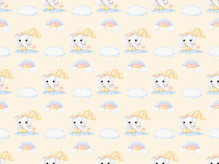 Cute Elephant and duck in raining day background patterns