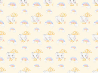 Cute Elephant and duck in raining day background patterns