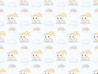 Fototapeta premium Cute Elephant and duck in raining day background patterns