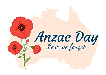 Anzac Day of Lest We Forget Illustration with Remembrance Soldier Paying Respect and Red Poppy Flower in Flat Hand Drawn for Landing Page Templates