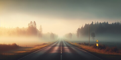 Panoramic view of the fog shrouded, deserted highway as it winds through fields and forests at sunrise. Europe. Logistics, travel, freedom, and driving are all related to transportation. rural setting
