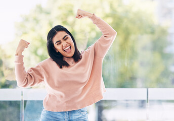 Yes, winner and Indian woman with winning, success and bonus arms or fist pump for excited news....