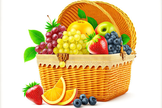 Summer Picnic Basket With Fruit On White Background