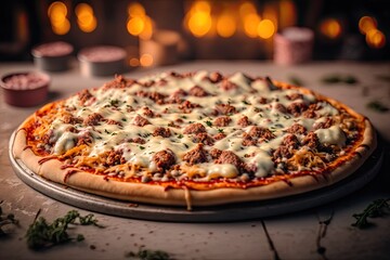 Pizza close up cheese and meat Italian fast food with blurry bokeh background Made With Generative AI