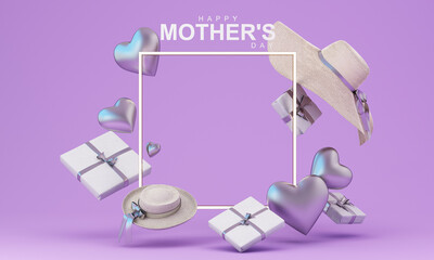 mother's day greeting card day of love with advertising space and promotions with women's items in purple and pink tones. 3d rendering