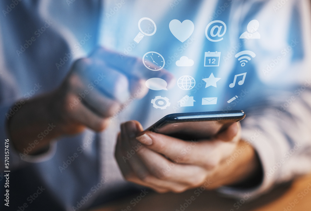 Poster hologram, menu and hands of a businessman with a phone for connection, social media and email. digit