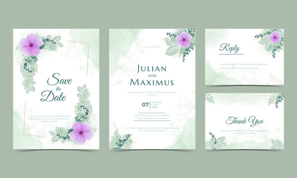 Watercolor wedding invitation card template. Floral greeting card design vector.