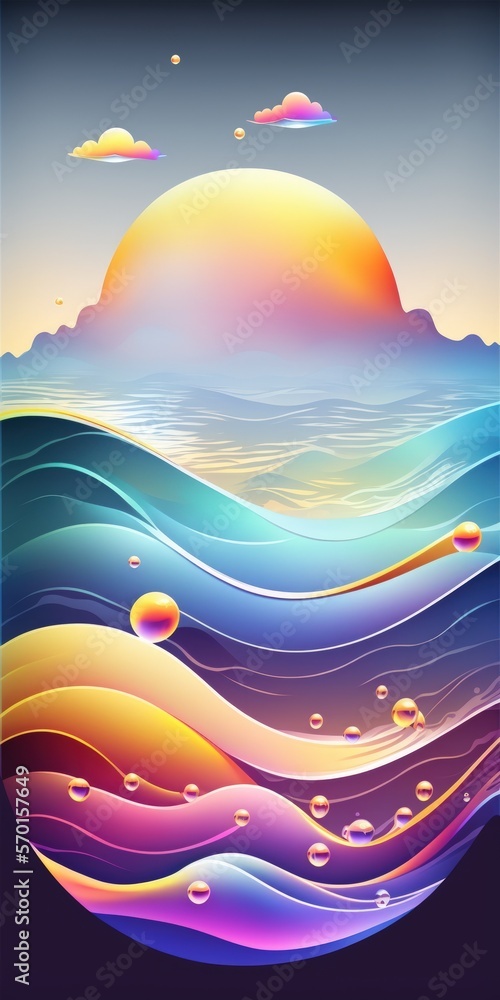Poster panorama of nature with an abstract backdrop. glossy transparent glass flows over water. moving holo
