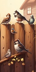 flock of small sparrow birds are sitting on a wooden fence in the village. Generative AI