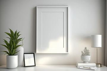 Fototapeta na wymiar Clean and Simple Atmosphere of a Minimalist Interior with a Blank white Photo Frame - Generative AI