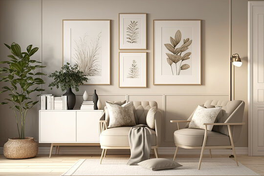 Scandinavian interior design with 3 blank picture frames - Generative AI