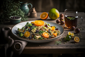 Fototapeta na wymiar quinoa salad vegetarian food photos. Vibrant colors, textures of this healthy superfood, crisp veggies, bright herbs and spices. Perfect for vegan cookbooks, healthy eating blogs, Generative AI