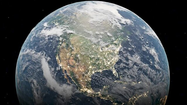 Satellite view from space of orbiting planet earth; continent of North America