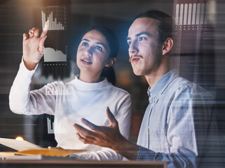 Code, overlay and man with woman, hologram and futuristic data analysis, discussion and cloud...