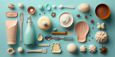 Kitchen utensils and ingredients for baking on a colored background. Generative AI