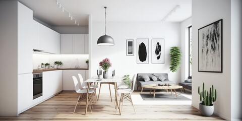 Naklejka na ściany i meble Contemporary minimalist style interior design of light studio apartment with wooden table and chairs in dining zone between open kitchen and living room with white walls and parquet floor. Generative
