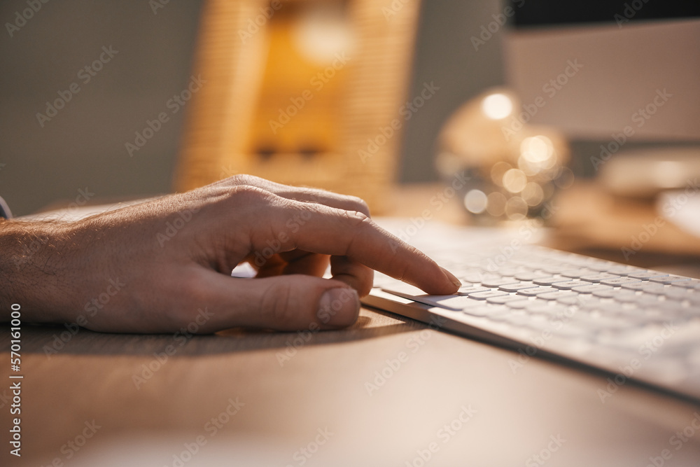 Poster hands, keyboard and typing at night for digital planning, strategy or online research at office desk