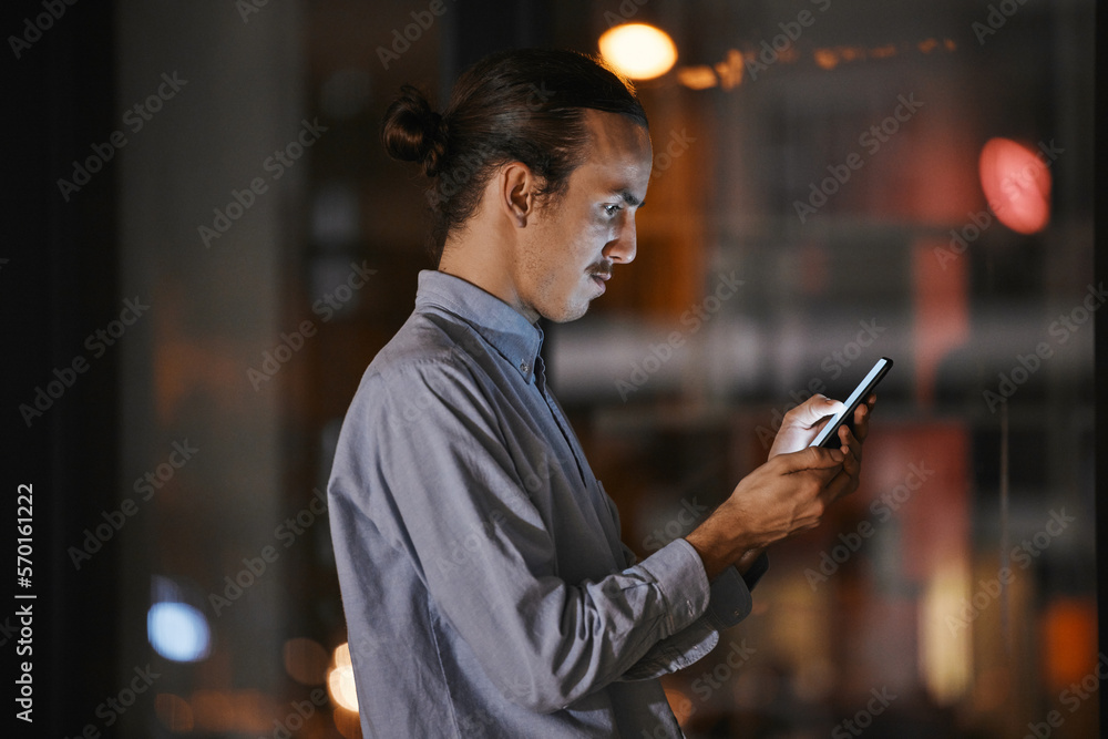 Poster phone, night and communication with a business man in his office, working late to make a global dead