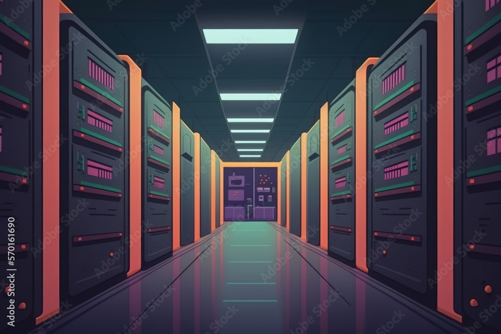 Poster interior of a computer data center. concentrate on the distant rack. generative ai