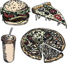vector illustration of fast food pizza burger drink