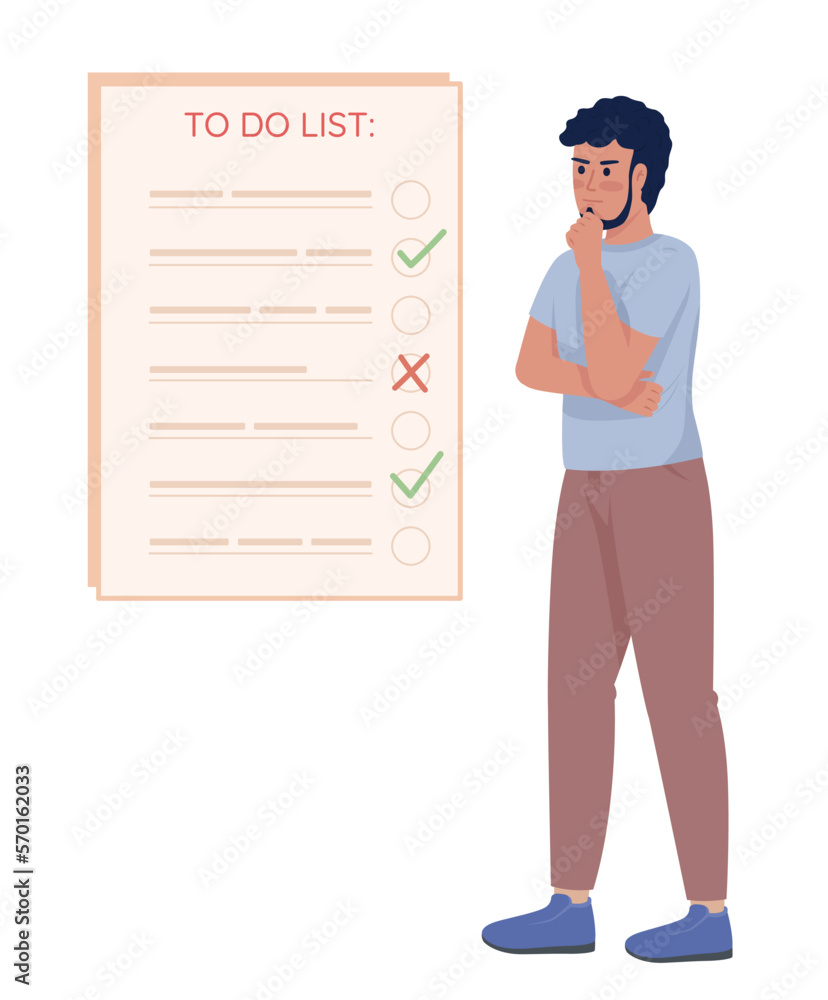 Poster serious bearded man making to do list semi flat color vector character. editable concept. simple car