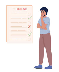 Serious bearded man making to do list semi flat color vector character. Editable concept. Simple cartoon style illustration for web graphic design and animation. Quicksand Medium font used