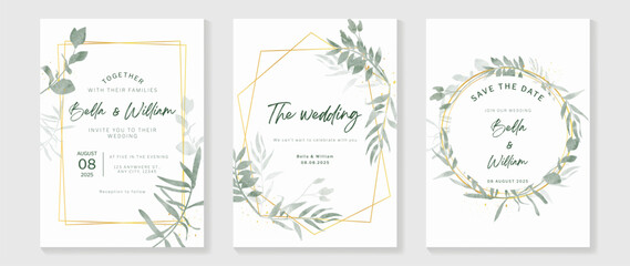 Luxury wedding invitation card background vector. Golden geometric frame with watercolor botanical leaf branch and golden ink splatter texture. Design illustration for wedding and vip cover template.
