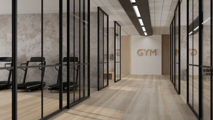 Interior design of a modern contemporary fitness gym corridor with separate rooms.