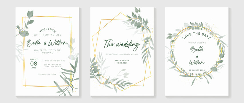 Luxury wedding invitation card background vector. Golden geometric frame with watercolor botanical leaf branch and golden ink splatter texture. Design illustration for wedding and vip cover template.