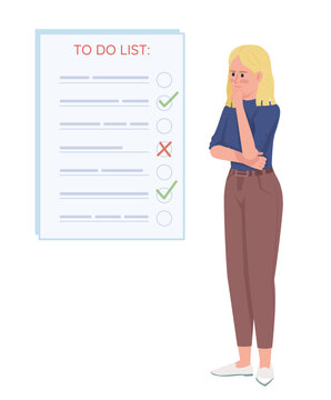 Serious young woman thinking about future tasks semi flat color vector character. Editable concept. Simple cartoon style illustration for web graphic design and animation. Quicksand Medium font used