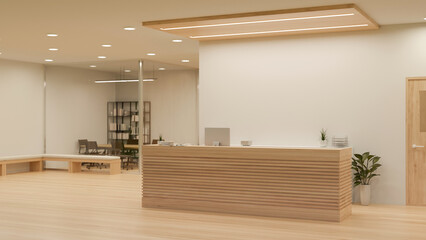 Modern contemporary and luxury office entrance interior design with reception counter, meeting room