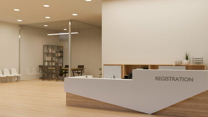 Modern contemporary company entrance interior design with registration counter, meeting room