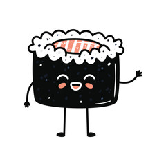 Kawaii sushi mascot in cartoon style. Cute maki with salmon for menu