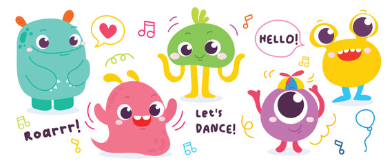 Cute and Kawaii monster kids icon set. Collection of cute cartoon monster in different playful characters. Funny devil, alien, demon and creature flat vector design for comic, education, presentation. © TWINS DESIGN STUDIO