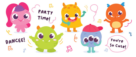 Cute and Kawaii monster kids icon set. Collection of cute cartoon monster in different playful characters. Funny devil, alien, demon and creature flat vector design for comic, education, presentation.