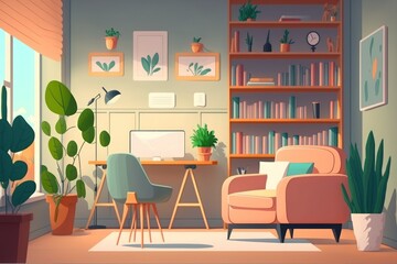 Interior of light living room with soft armchair, shelving unit and modern workplace. Generative AI