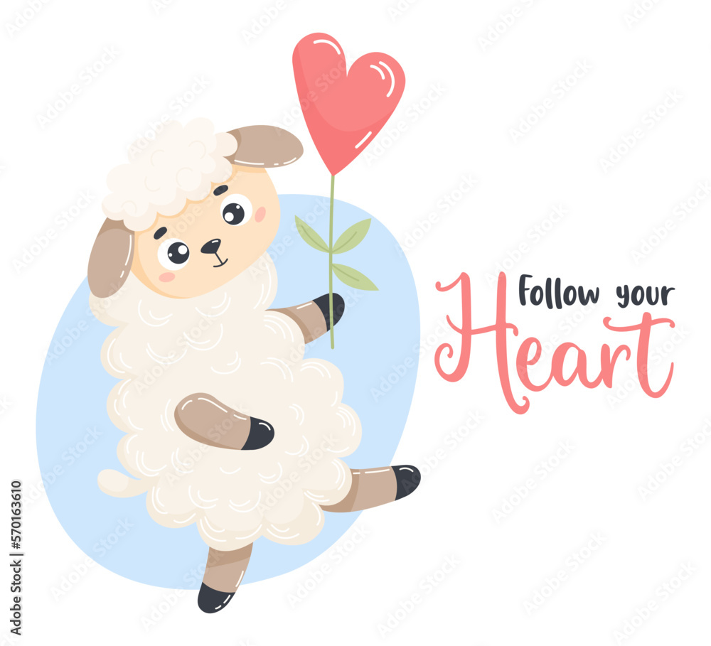 Wall mural cute sheep with flower heart. vector illustration in cartoon flat style. romantic card valentine wit