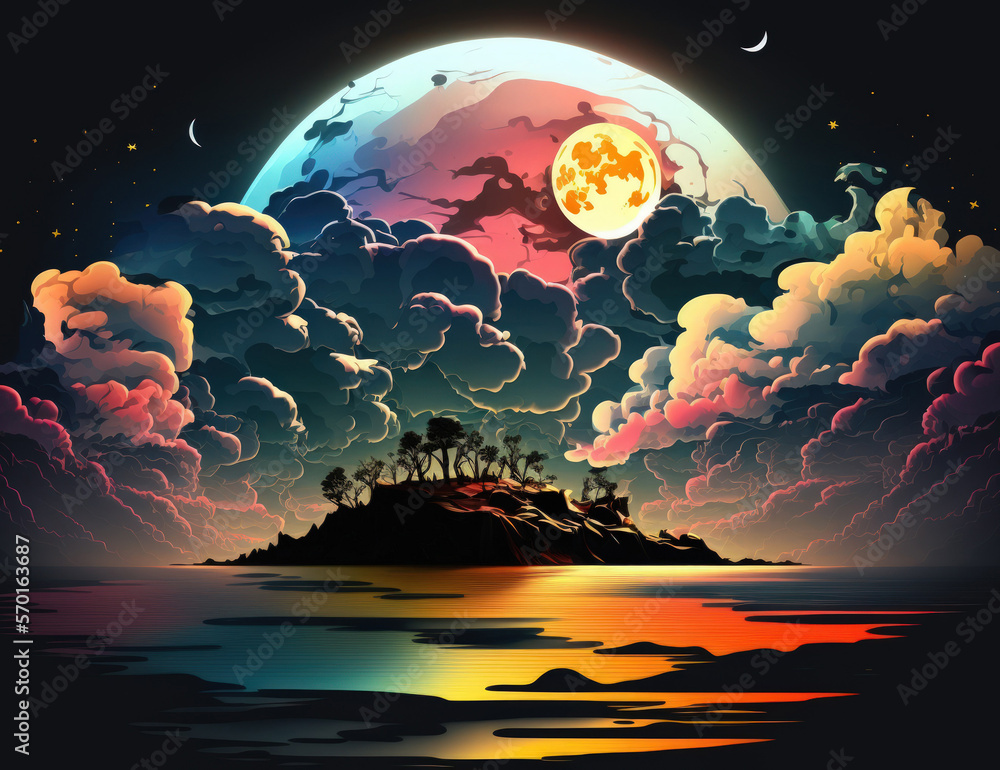 Poster big moon. a colorful evening sky with clouds and a dazzling full moon above a coastline. outside at 