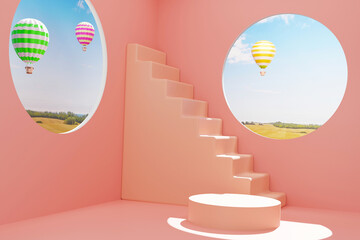 stairs stage  on a peach background and podium with blue sky and clouds on a sunny day 3d render