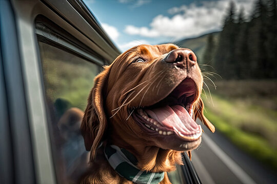 happy dog with head out of the car window , ai generated