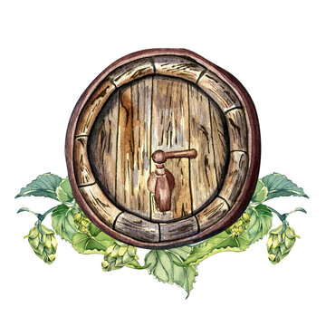 Wooden beer barrel and hop vine watercolor illustration isolated on white background. Vintage barrel hand drawn. Design element for advertising beer festival, banner, menu, packaging, St Patrick' day.