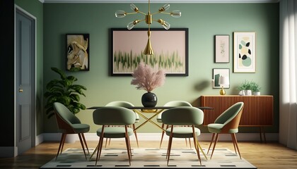 Mid century modern dining room with classic style and light green palette. Interior design, bright, clean.