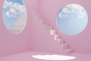 stairs stage  on a pink background and podium with blue sky and clouds on a sunny day 3d render