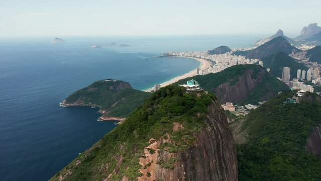 Flying above Sugarloaf Mountain with panorama of Rio de Janeiro, Brazil