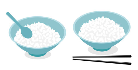 Rice bowls with chopsticks and spoon on white background vector illustration. Cute cartoon food.